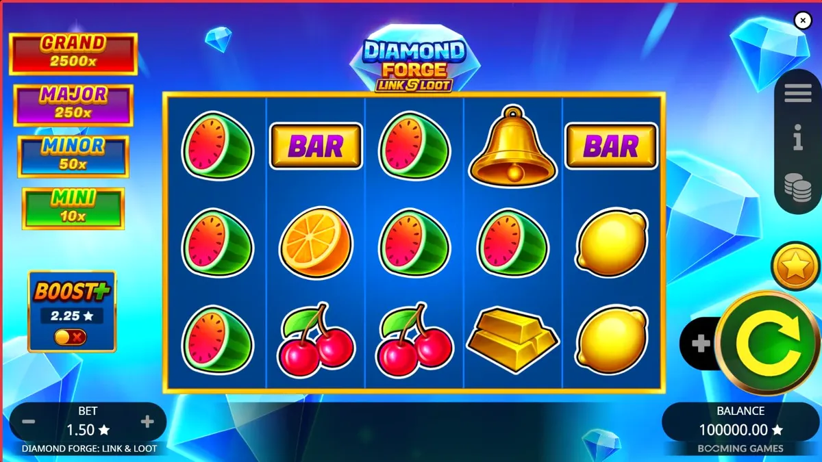 Tampilan visual slot Diamond Forge Link & Loot dengan simbol buah klasik dan berlian